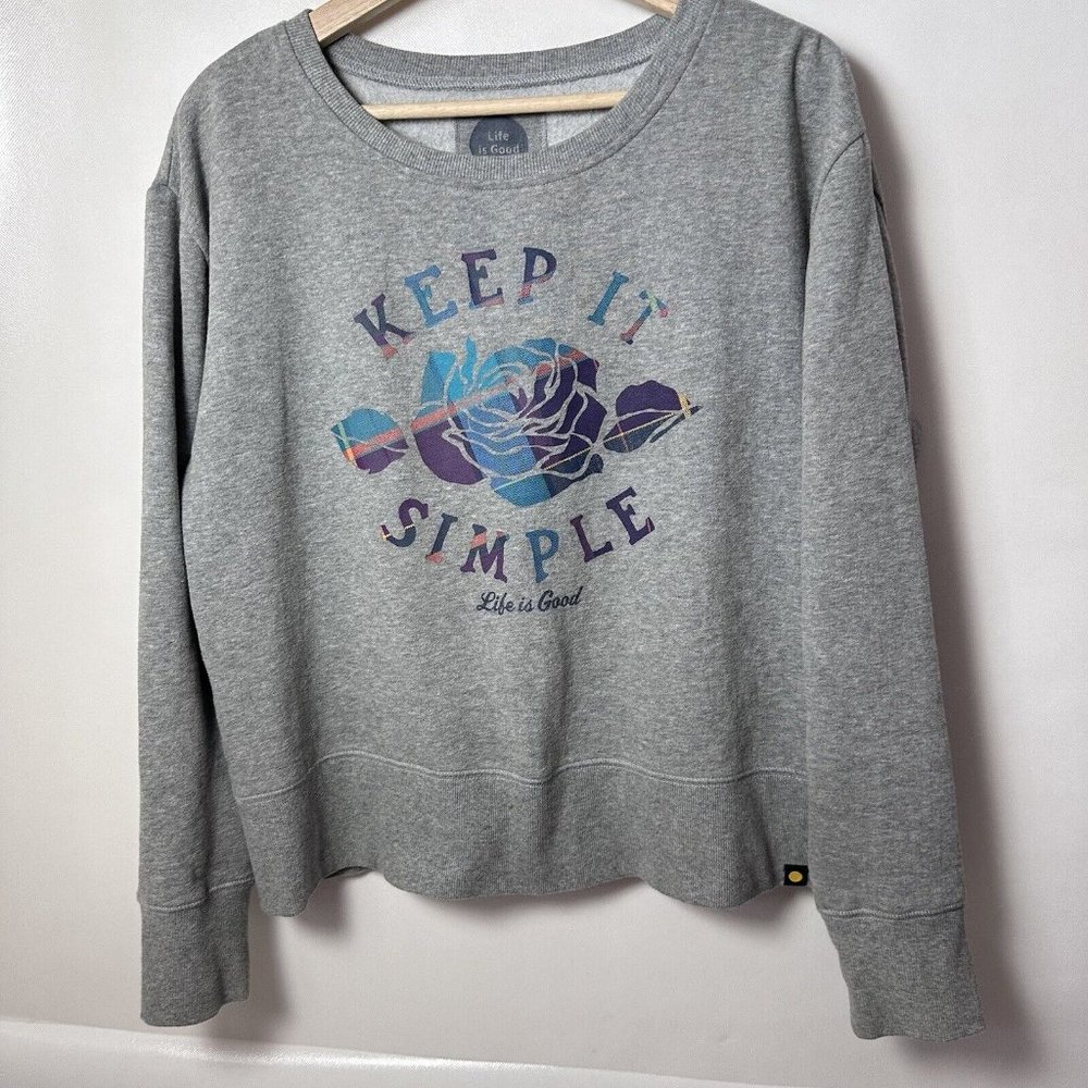 Life Is Good Keep It Simple Gray Long Sleeves Crew Neck Pullover Sweatshirt S